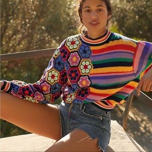 Farm Rio Crochet Floral Contrast Sweater